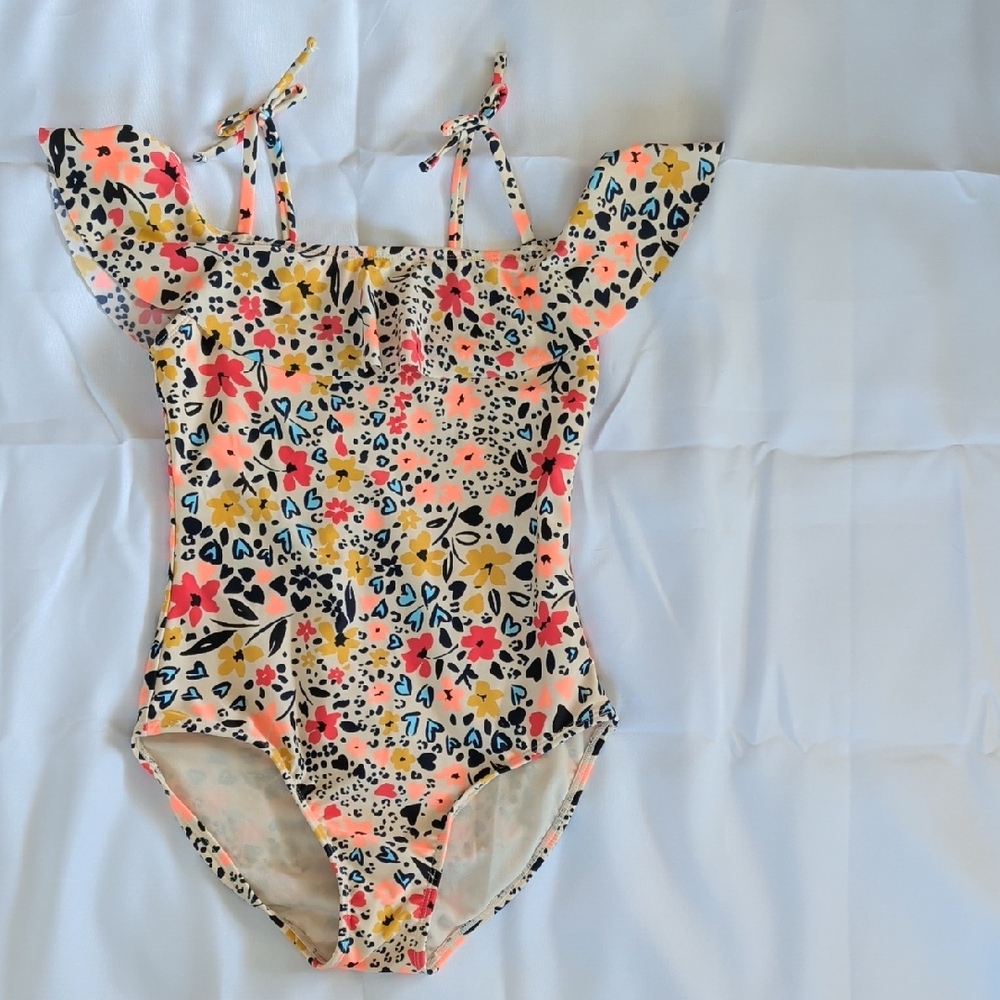 Cat & Jack Floral Tropical Ruffle One Piece Swimsuit Size Large